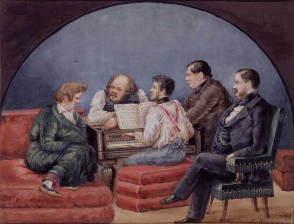Каратыгин П.А. К. П. Брюллов, Я. Ф. Яненко, М. И. Глинка, Н. В. Кукольник и И. П. (?) Поливанов. Конец 1830-х Каратыгин П.А. К. П. Брюллов, Я. Ф. Яненко, М. И. Глинка, Н. В. Кукольник и И. П. (?) Поливанов. Конец 1830-х